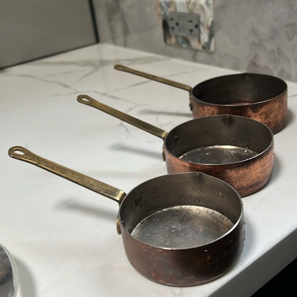 Set of 3 French Antique Copper Measuring Cups with Brass Handle